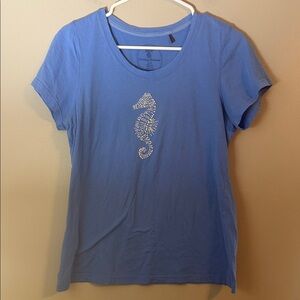 Tommy Bahama Women's Blue Cotton Tee with Beaded White Seahorse Size M